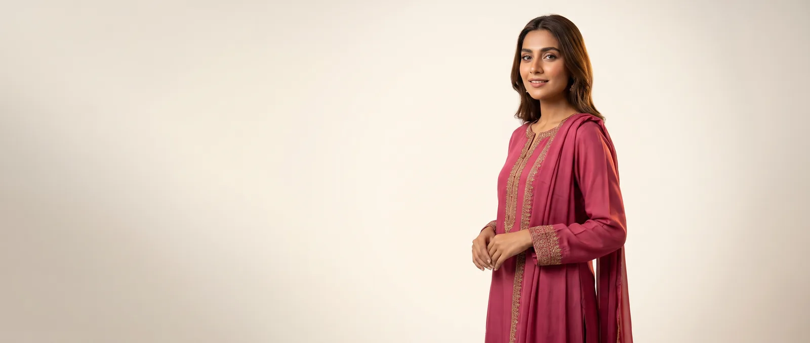 A photorealistic AI-generated model wearing a rose-magenta embroidered kameez