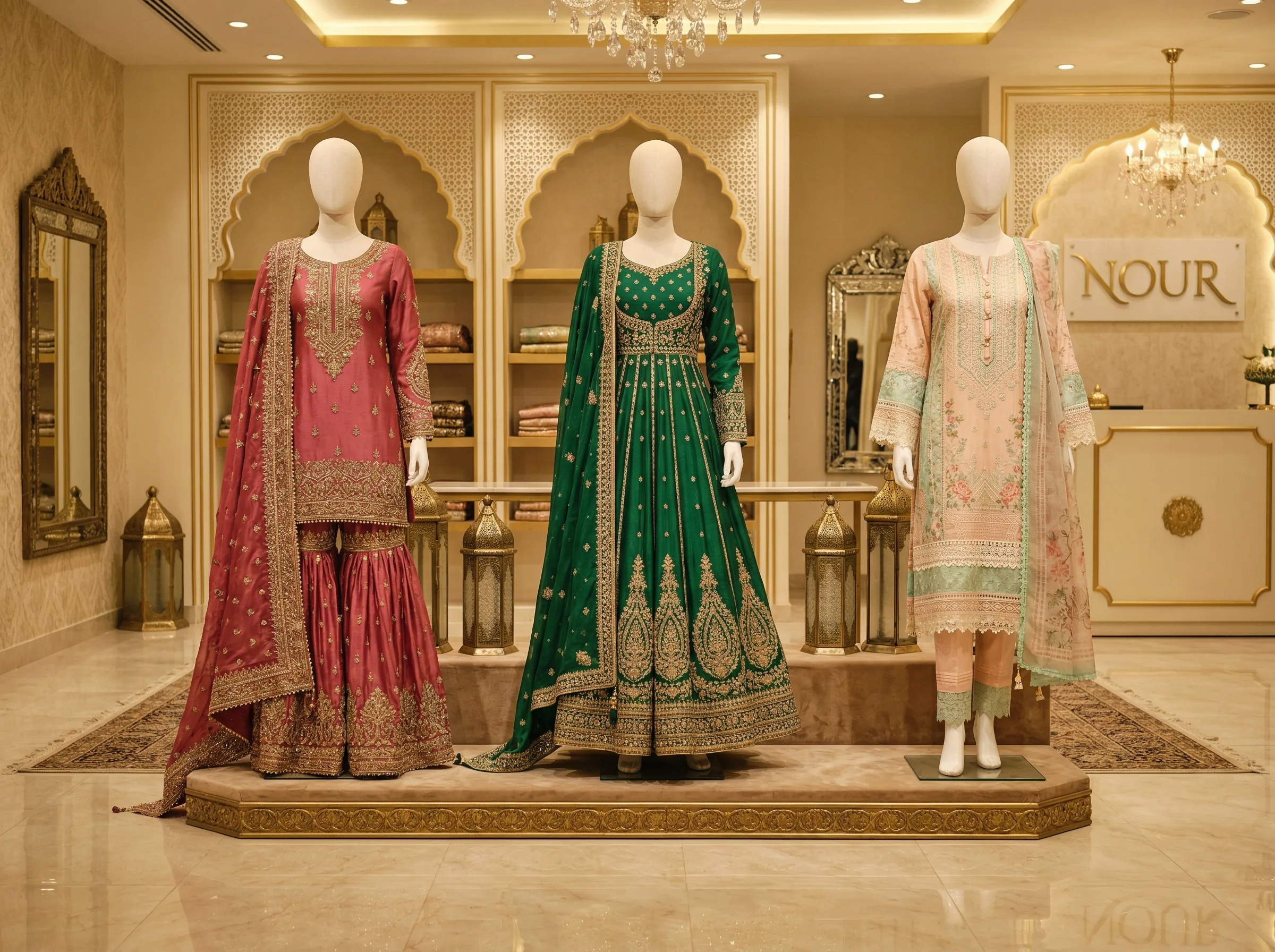 Explore Pakistani fashion — bridal, formal, and everyday wear in a luxurious boutique