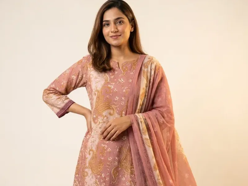 A Pakistani model wearing a lawn suit generated from a photo of unstitched fabric.
