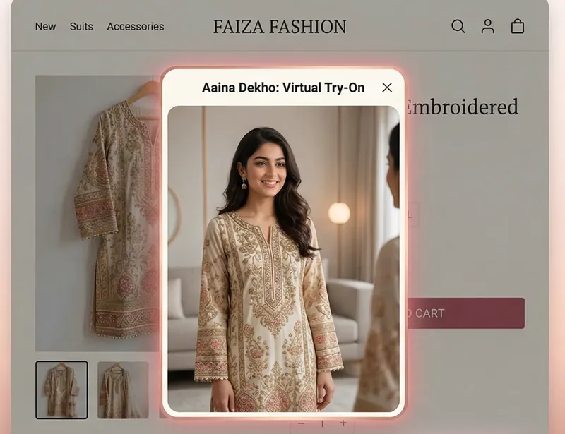 A virtual try-on window open on a fashion store's product page.