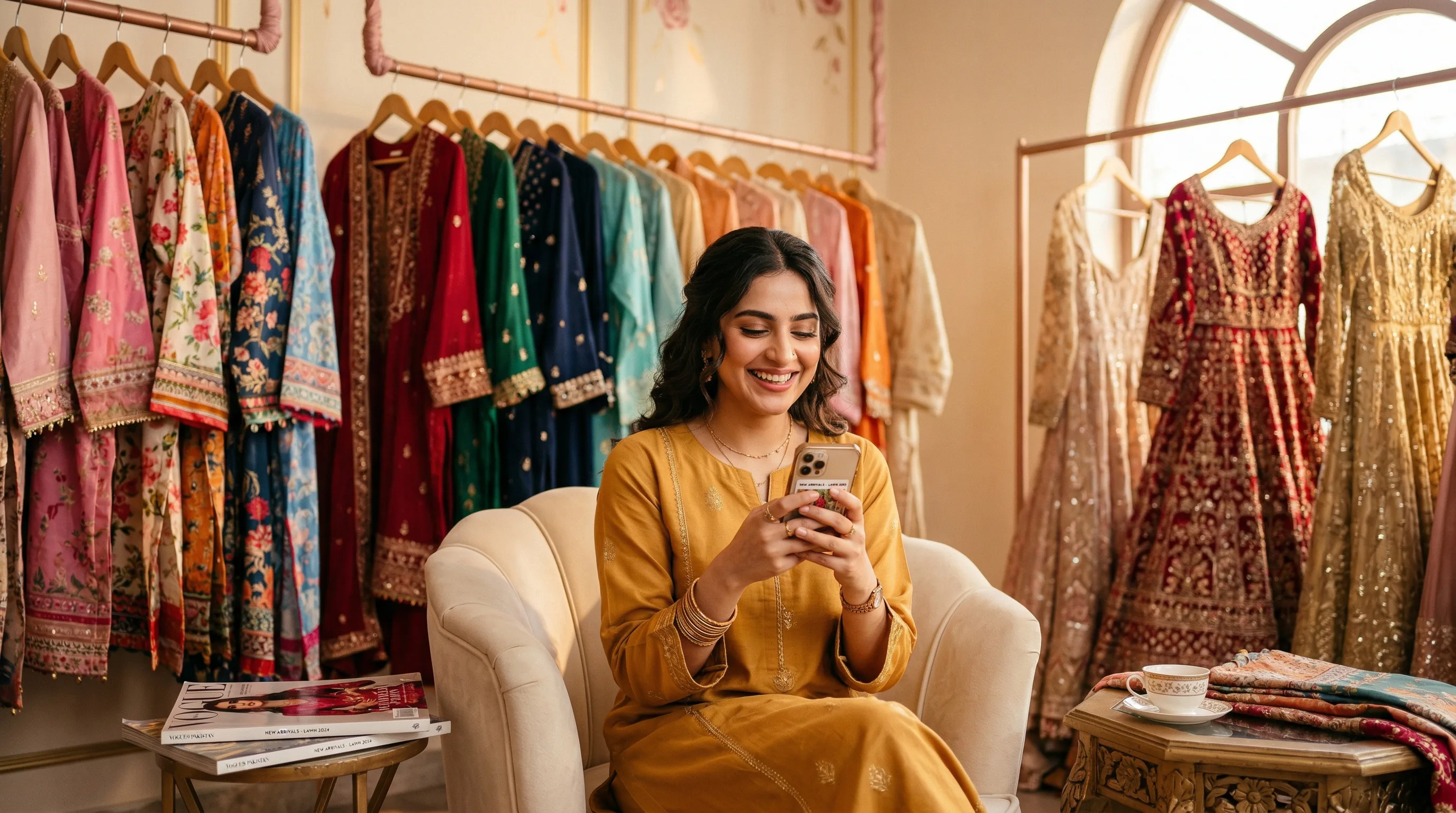 Woman happily browsing fashion on her phone