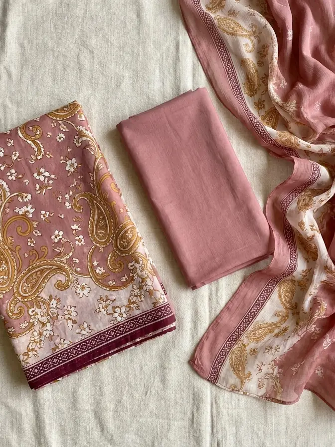 The same suit before stitching: a folded printed kameez length, a plain trouser length and a printed chiffon dupatta.